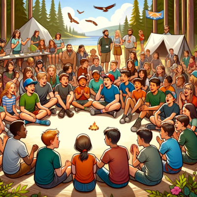 DALL·E 2024-01-29 00.55.48 - A lively summer camp scene illustrating the excitement of the first day. The image should capture a group of campers of various ages, backgrounds, and