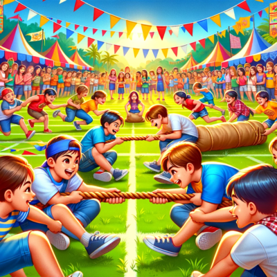 DALL·E 2024-01-29 00.56.21 - The second day of summer camp, filled with fun and games, set in a vibrant outdoor environment. The image should depict campers participating in a var